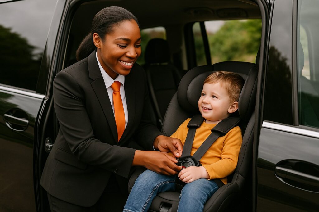 Carrot Cars driver fitting a child seat for a Heathrow taxi