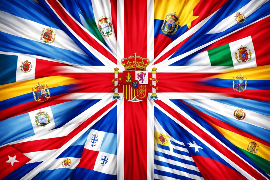 Union Jack blended with Spain and Latin American country flags symbolising UK and Spanish speaking connection