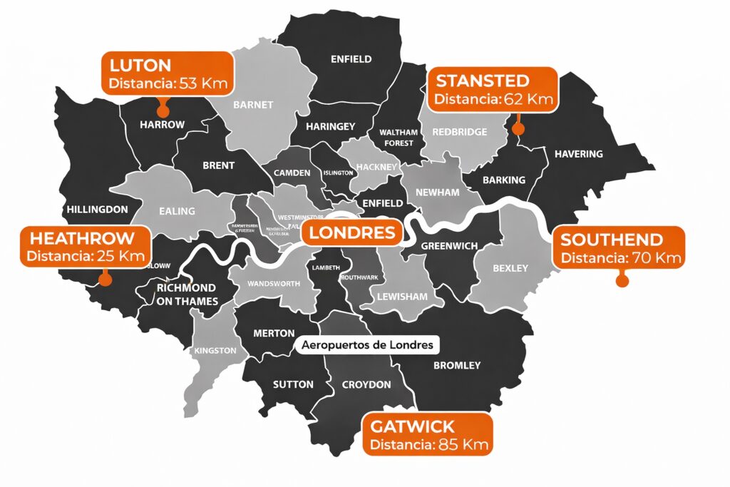 Mapa de Londres con distancias a los aeropuertos Heathrow, Gatwick, Stansted, Luton y Southend para traslados privados
