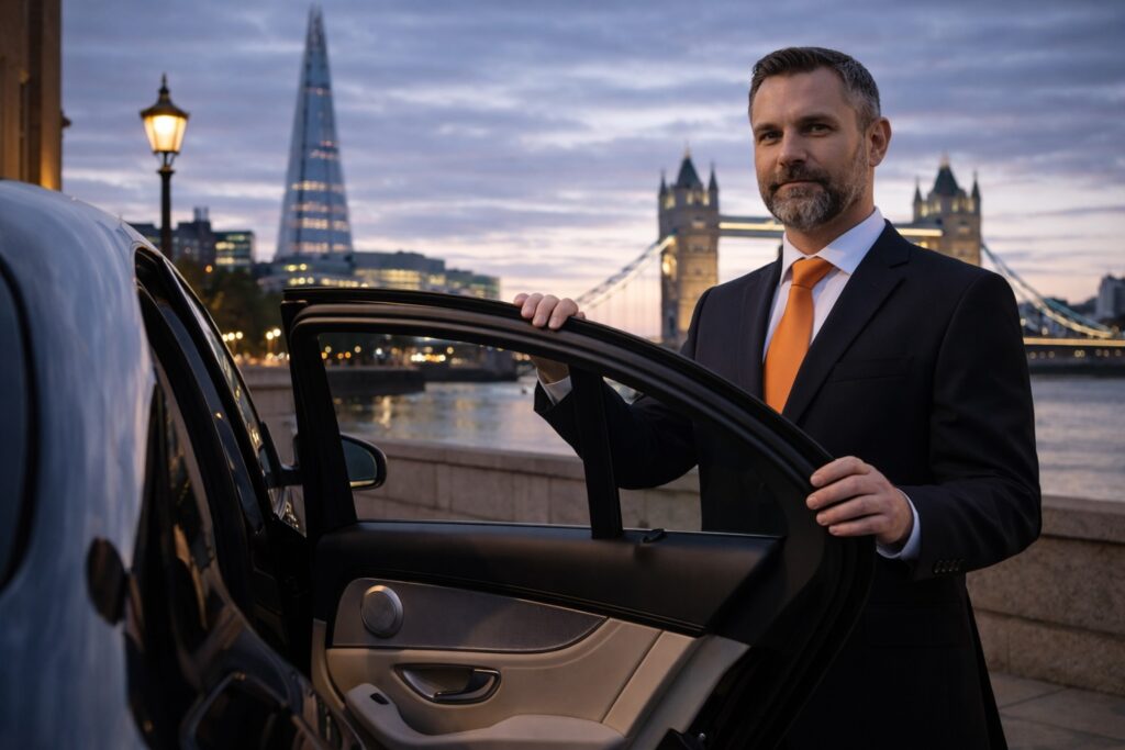 Professional chauffeur with luxury vehicle near London Bridge for Gatwick Airport transfer 