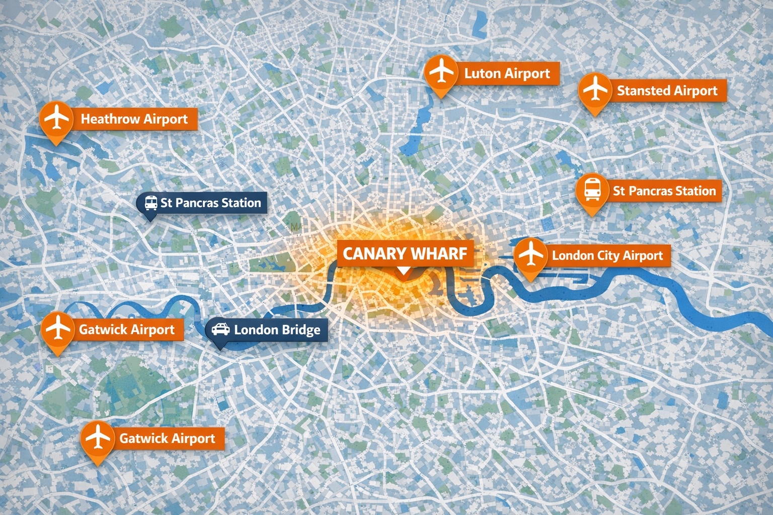 Map of London highlighting Canary Wharf with routes to Heathrow, Gatwick, Stansted, Luton, London City Airport, St Pancras and London Bridge