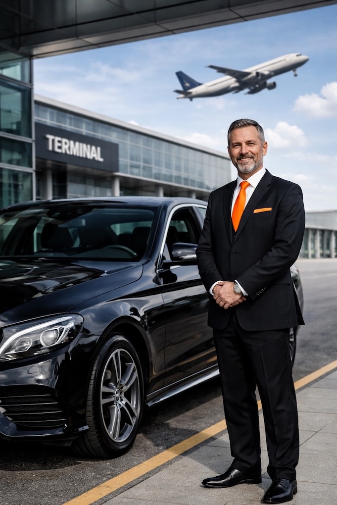 Romford to Stansted Airport taxi transfer with professional driver outside terminal