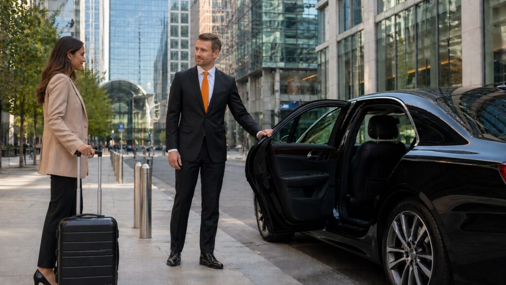 Canary Wharf to Heathrow private transfer with Carrot Cars driver opening car door 