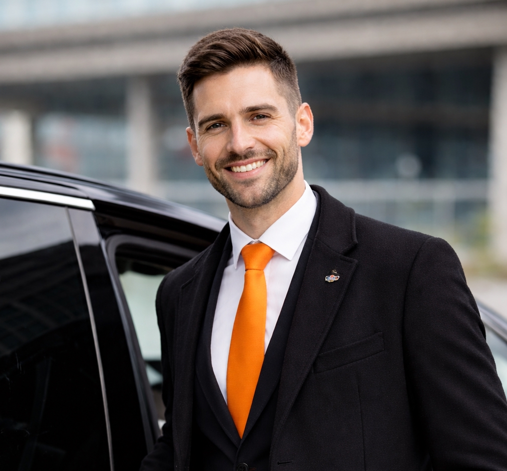 Carrot Cars driver in a black suit with an orange tie standing beside a premium car for a Gatwick to London airport transfer