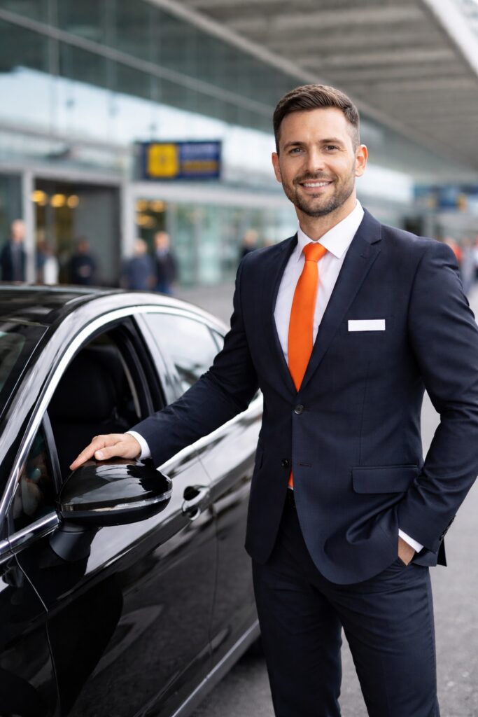 Professional Carrot Cars driver in a suit with an orange tie standing beside a black car at the airport.