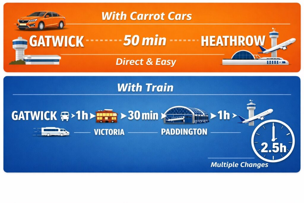 nfographic comparing Gatwick to Heathrow travel by Carrot Cars and by train, showing a direct 50 minute car journey versus a train route with changes via Victoria and Paddington taking around 2.5 hours.