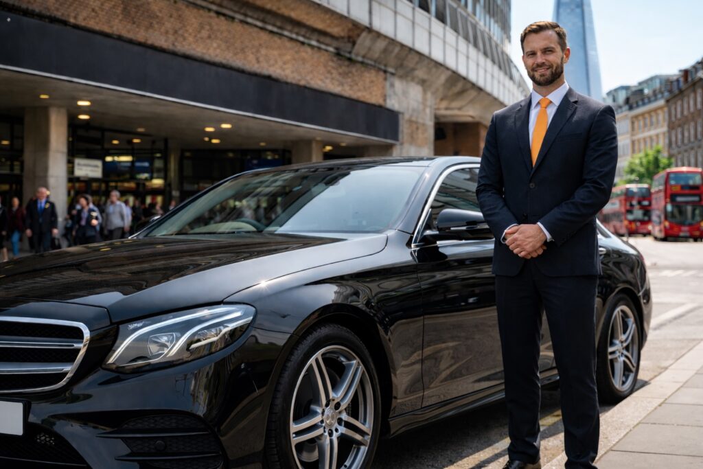 Premium black executive car with driver in orange tie near London Bridge Station