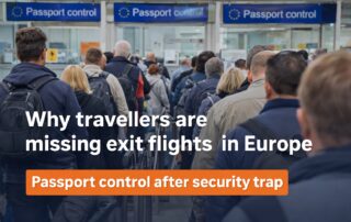 Long queue at exit passport control in a European airport departure area