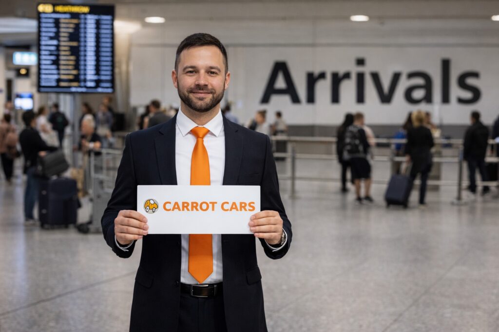 Carrot Cars driver holding a nameboard in the Heathrow arrivals ar