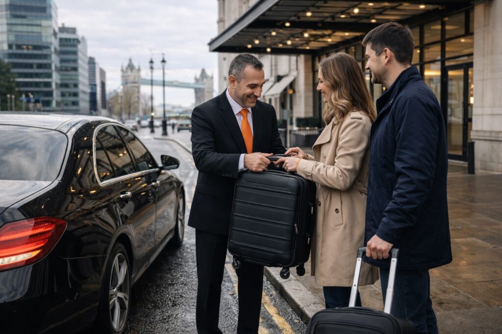 Driver with orange tie helping passengers with luggage beside a premium car for a London Bridge to Luton Airport transfer