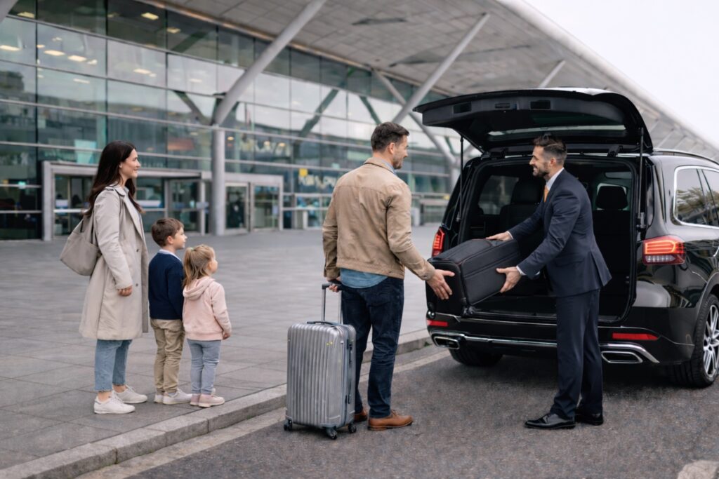 Family arriving at Stansted Airport with a premium black car and professional driver