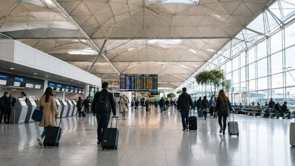 Travellers inside a modern airport terminal for Stansted Airport taxi transfers