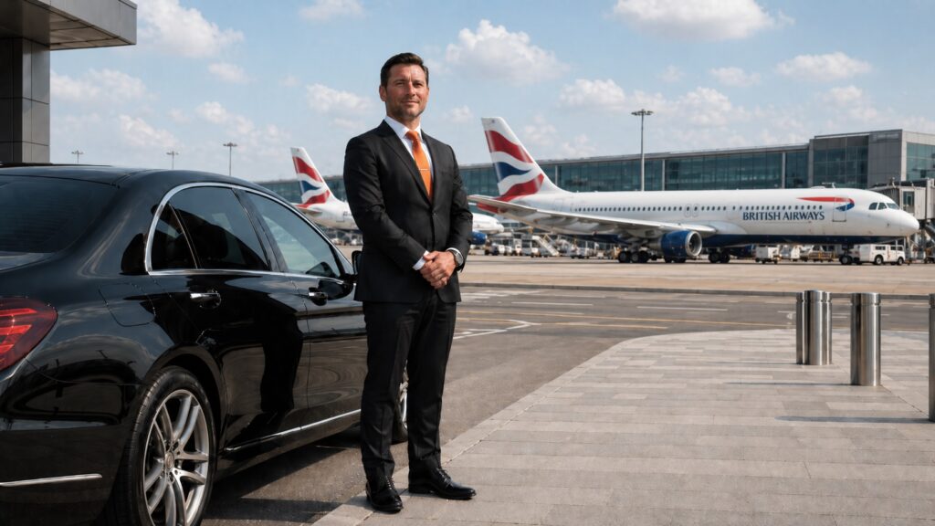 Carrot Cars chauffeur beside black executive car with British Airways aircraft at Heathrow