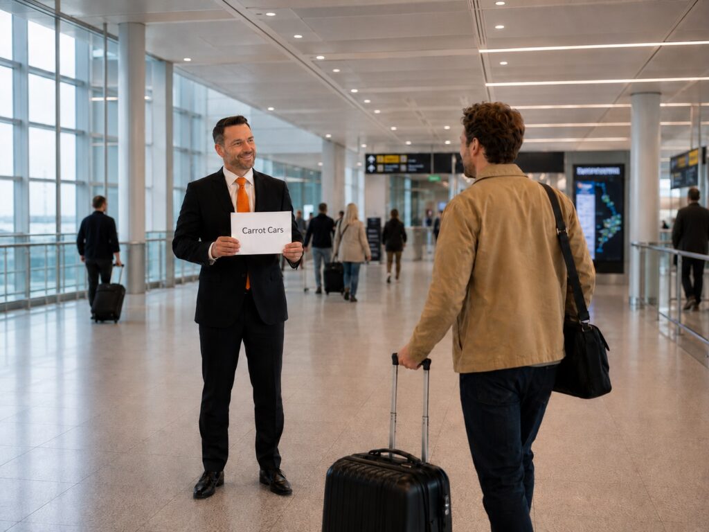 Carrot Cars driver meeting passenger at London City Airport arrivals