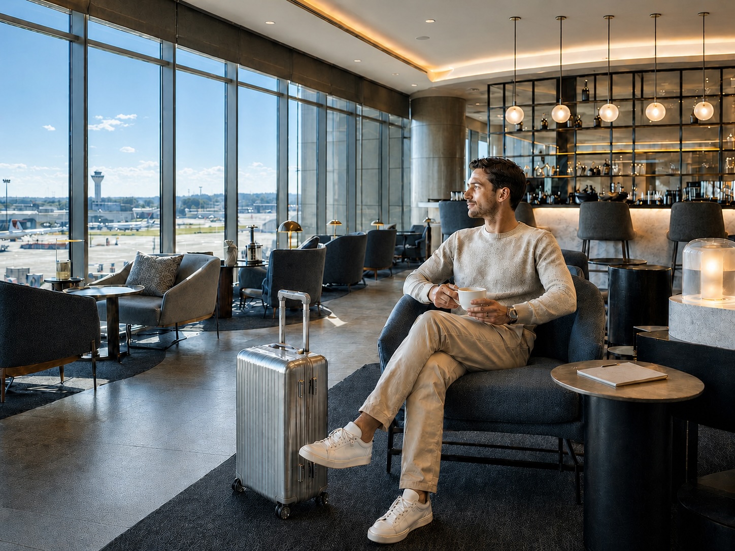 Premium Heathrow lounge with relaxed traveller and suitcase before British Airways flight 