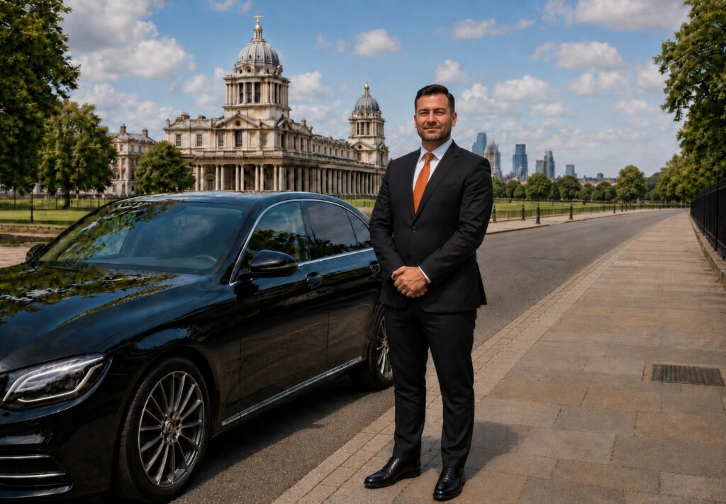 Premium Greenwich taxi service with Carrot Cars chauffeur beside executive car
