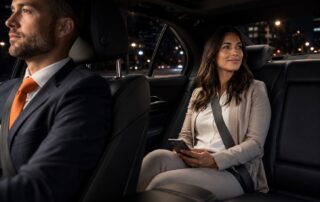 A woman travelling alone at night sitting safely in the back of a Carrot Cars private hire car in London with vetted driver.