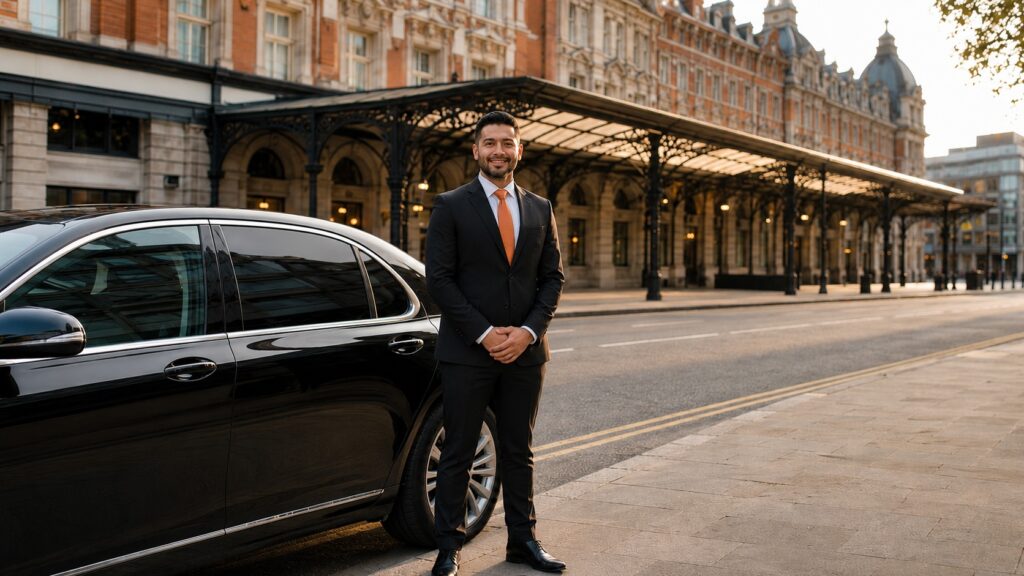 Professional driver beside a premium car for a Victoria Station to Gatwick Airport transfer
