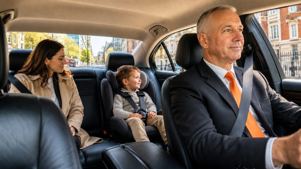 Victoria Station to Stansted Airport taxi with child seat in a premium Carrot Cars vehicle