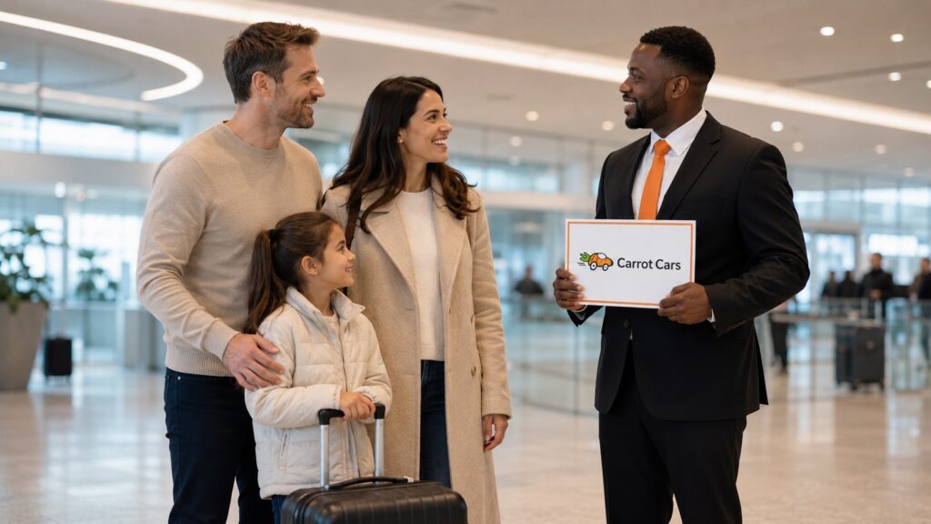 Carrot Cars driver in suit and orange tie meeting a family for a Gatwick Airport to London Victoria Station transfer