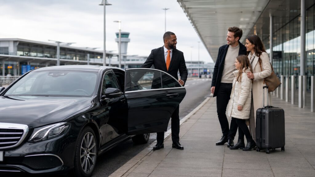 Carrot Cars chauffeur opening the car door for a family outside the airport at the start of a Luton to Victoria Station transfer