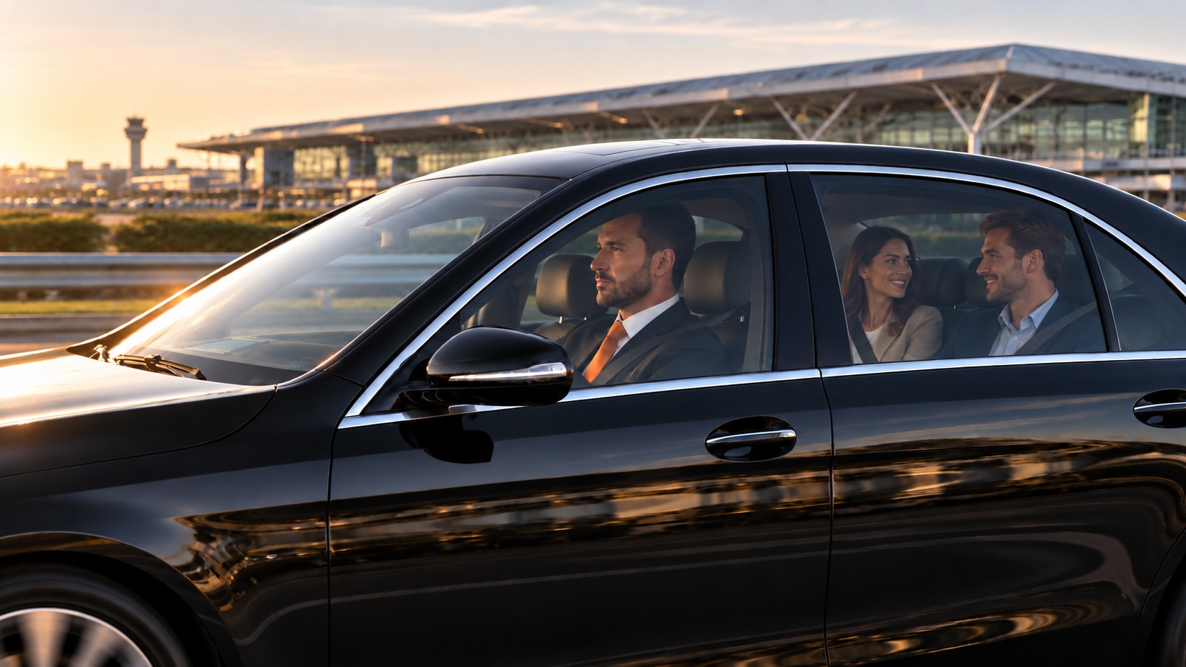 Carrot Cars chauffeur driving passengers from Stansted Airport to Liverpool Street past the terminal