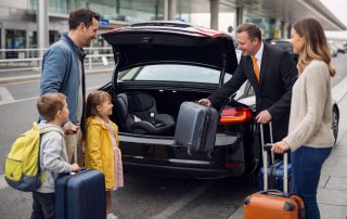 Carrot Cars driver loading a family's luggage into the taxi boot at the airport